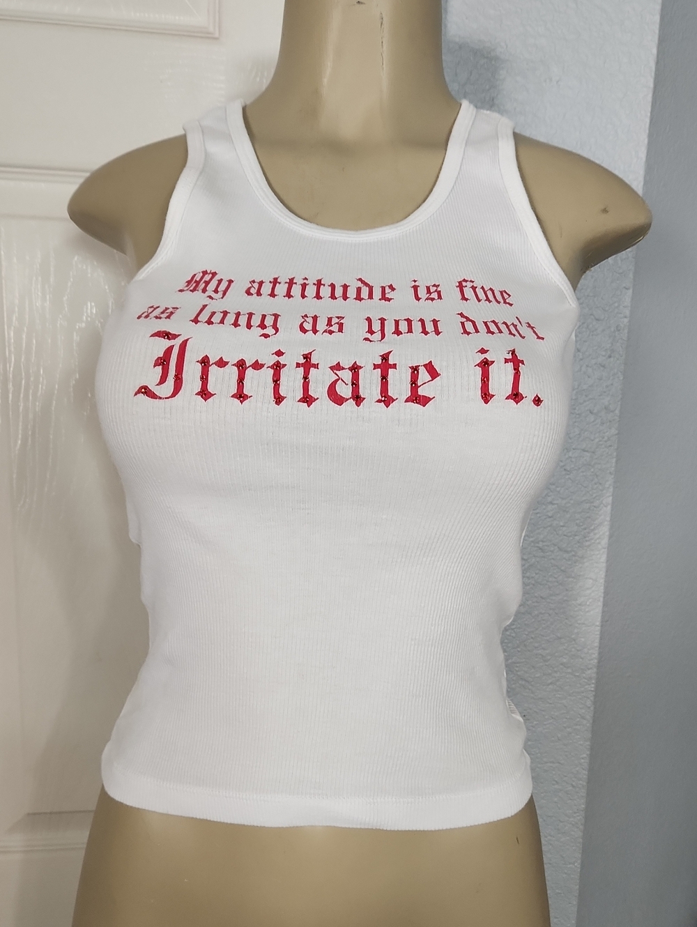VINTAGE White Ribbed Tank Top with Red Gothic Slogan
